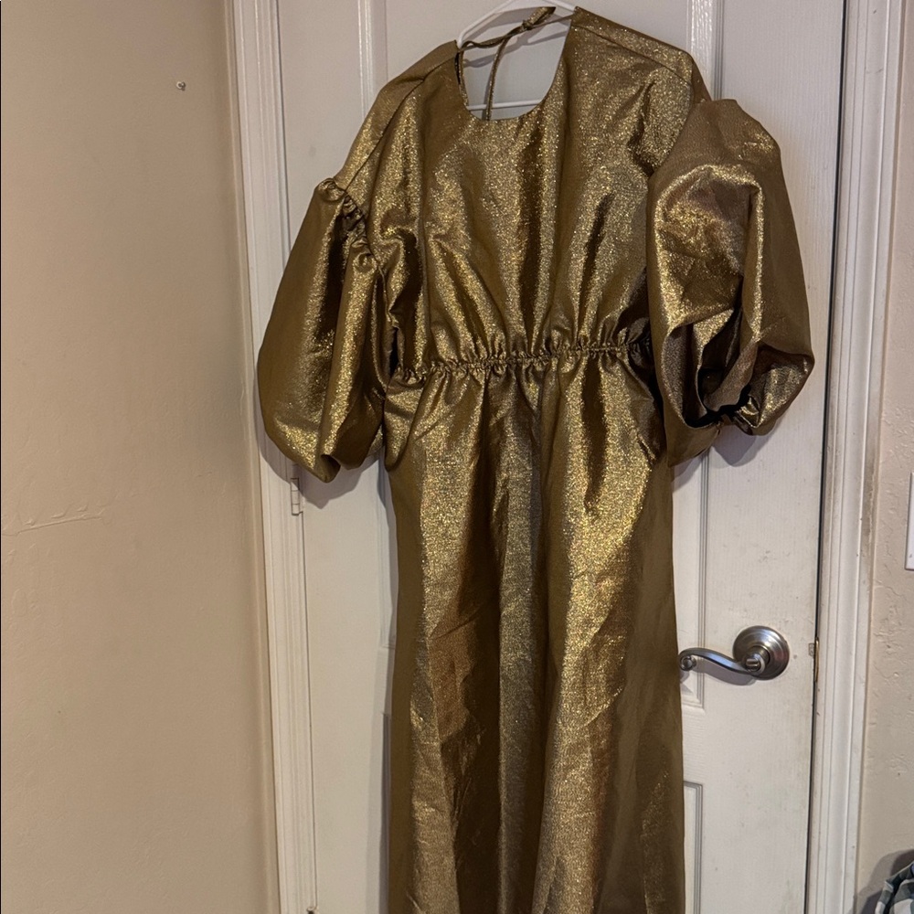 EUC Kika Vargas Dresses Puff Sleeve Scallop Back Midi Dress Large Gold - Picture 5 of 9